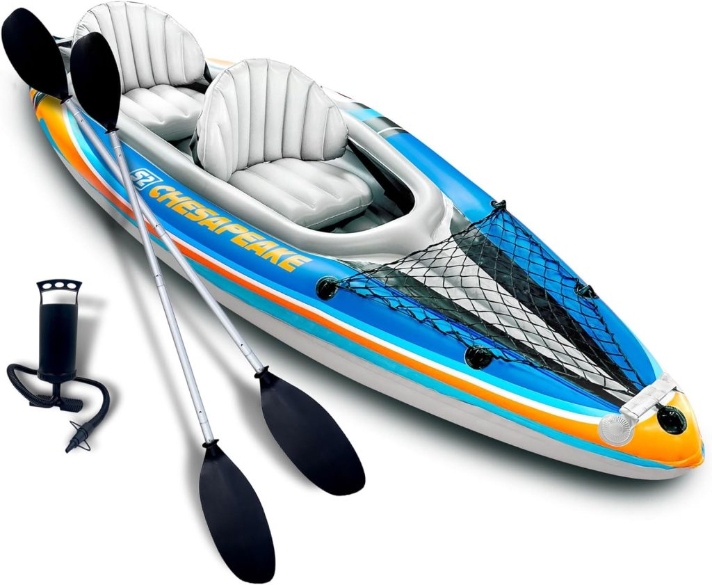 Sunlite Sports 2-Person Inflatable Kayak with Aluminum Oars (136 x 33), High Output Air Pump and Storage Bag, Double Tandem Kayak for Adults, Two Person Canoe and Kayack