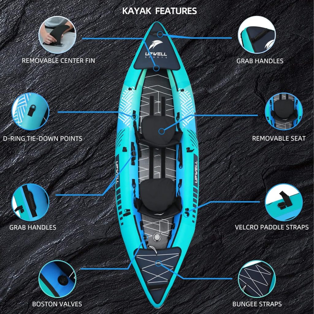 UPWELL 136”/11 Inflatable Recreational Kayak - 2 Person with High Pressure Floor and Accessories Including Kayak Seats with High Back Support, Aluminum Alloy Paddle , Fin, Repair kits, carry bag and Hand Pump