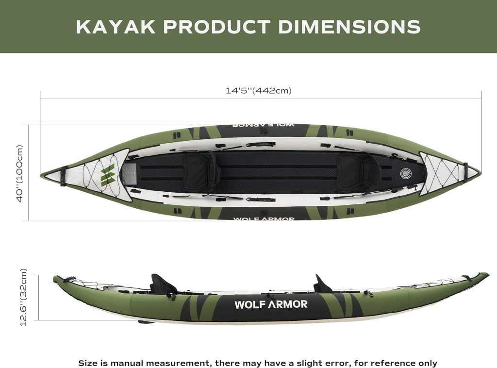 WOLF ARMOR Inflatable Recreational Touring Kayak with EVA Padded Seats, 2-3 Person Tandem Inflatable Kayak with All The Accessories, Lake, River, and Ocean Kayaks Boat for Fishing, Travel, and Adventure