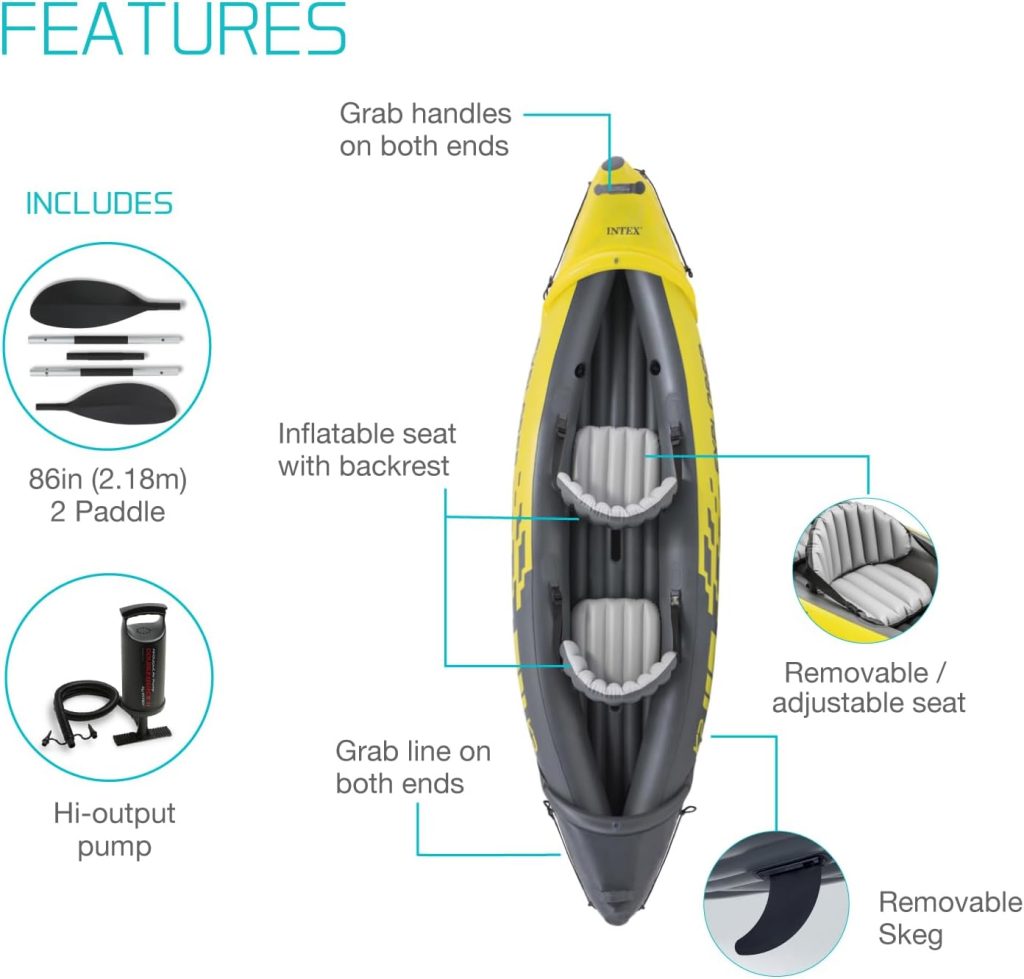 Intex 68307EP Explorer K2 Inflatable Kayak Set: Includes Deluxe 86in Aluminum Oars and High-Output Pump – SuperStrong PVC – Adjustable Seats with Backrest – 2-Person – 400lb Weight Capacity