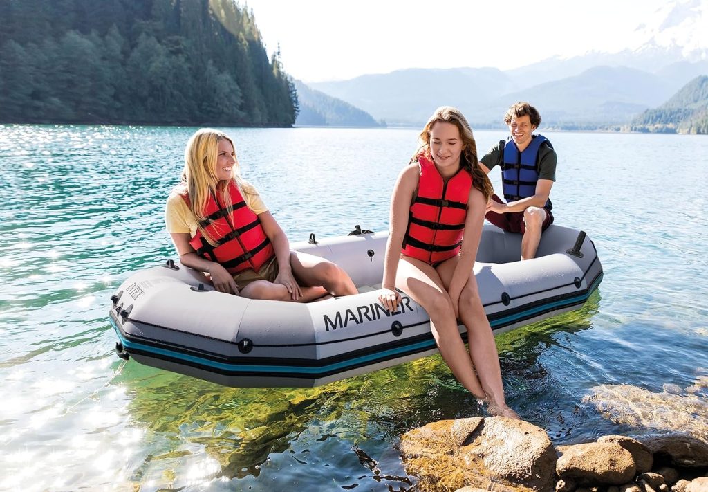 INTEX 68373EP Mariner 3 Inflatable Boat Set: Includes Deluxe 54in Aluminum Oars and High-Output-Pump – SuperTough PVC – Inflatable Thwart Seats – 3-Person – 880lb Weight Capacity