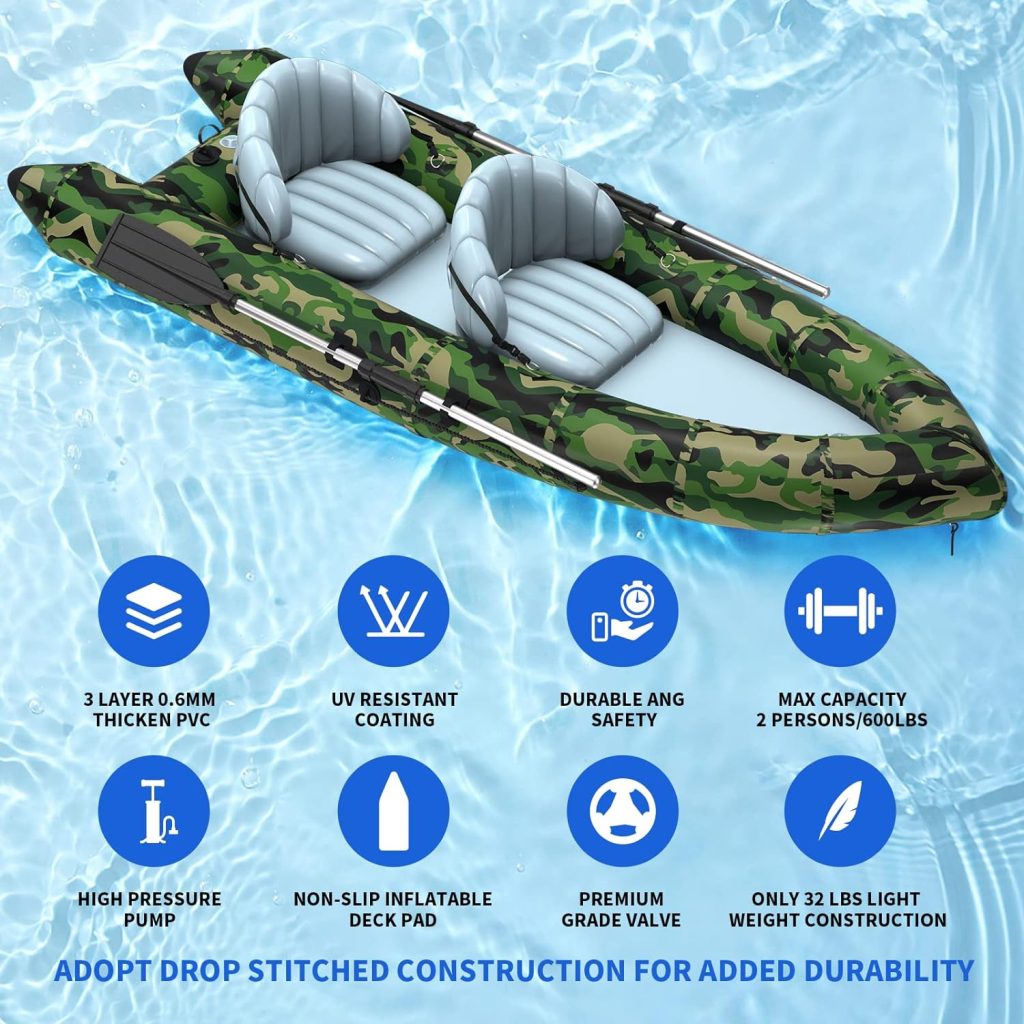 QILEBA Inflatable Boat for Adults, 2 Person Inflatable Touring Kayak, 9.8FT Portable Camouflage Fishing Kayak Raft with Paddles Air Pump Carry Bag